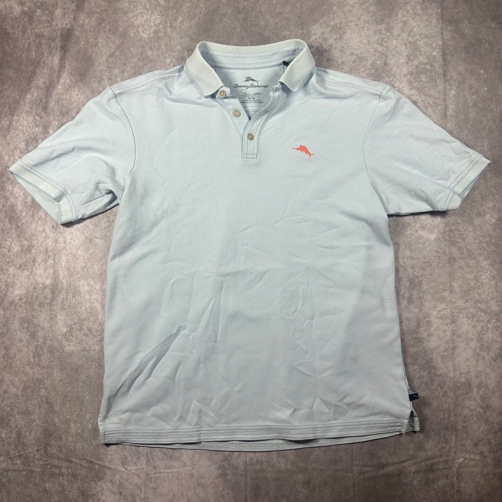 Tommy Bahama Emfielder Polo Golf Shirt Mens M Light Blue Short Sleeve Pique